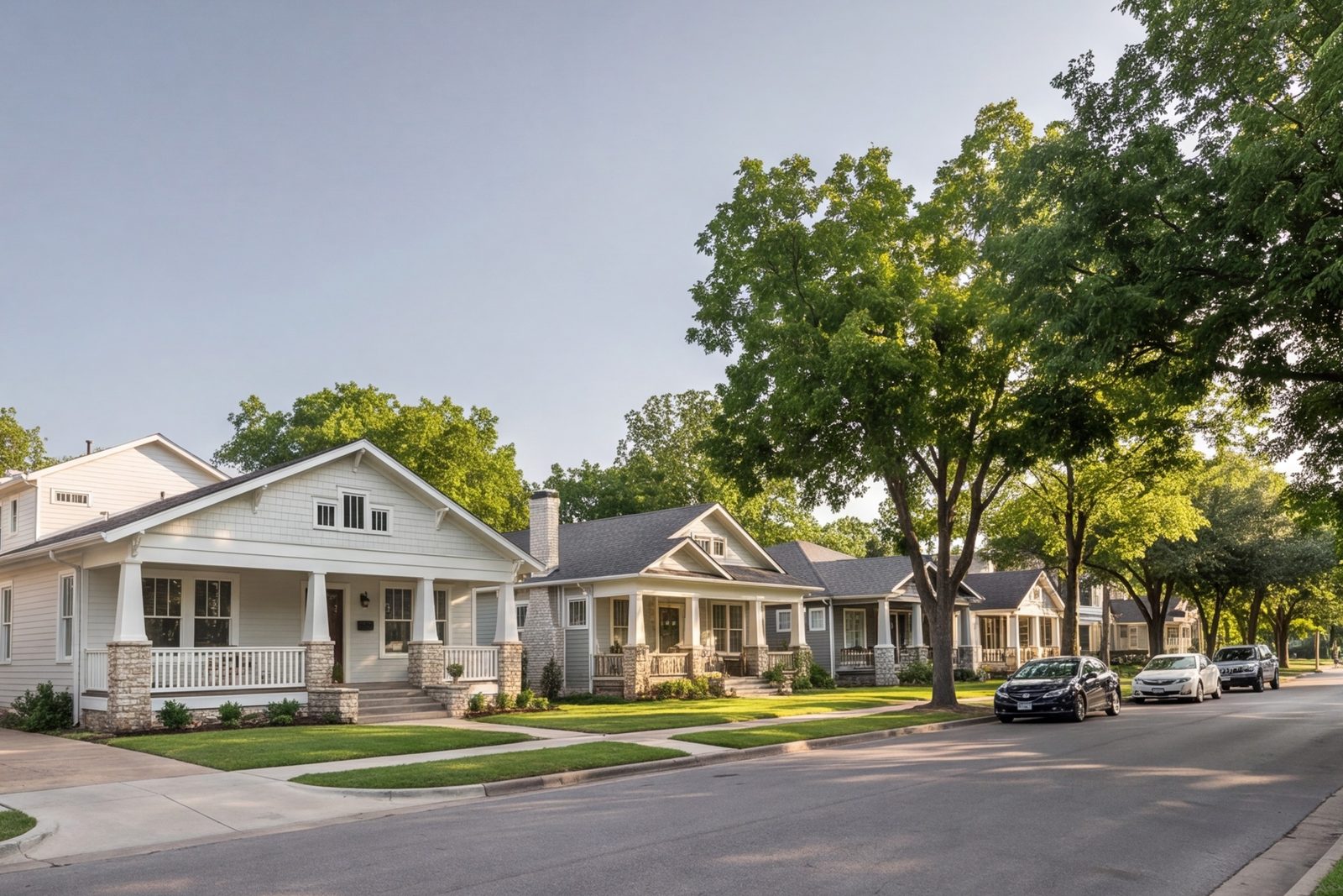 Street of Northside Fort Worth bungalows with mature trees