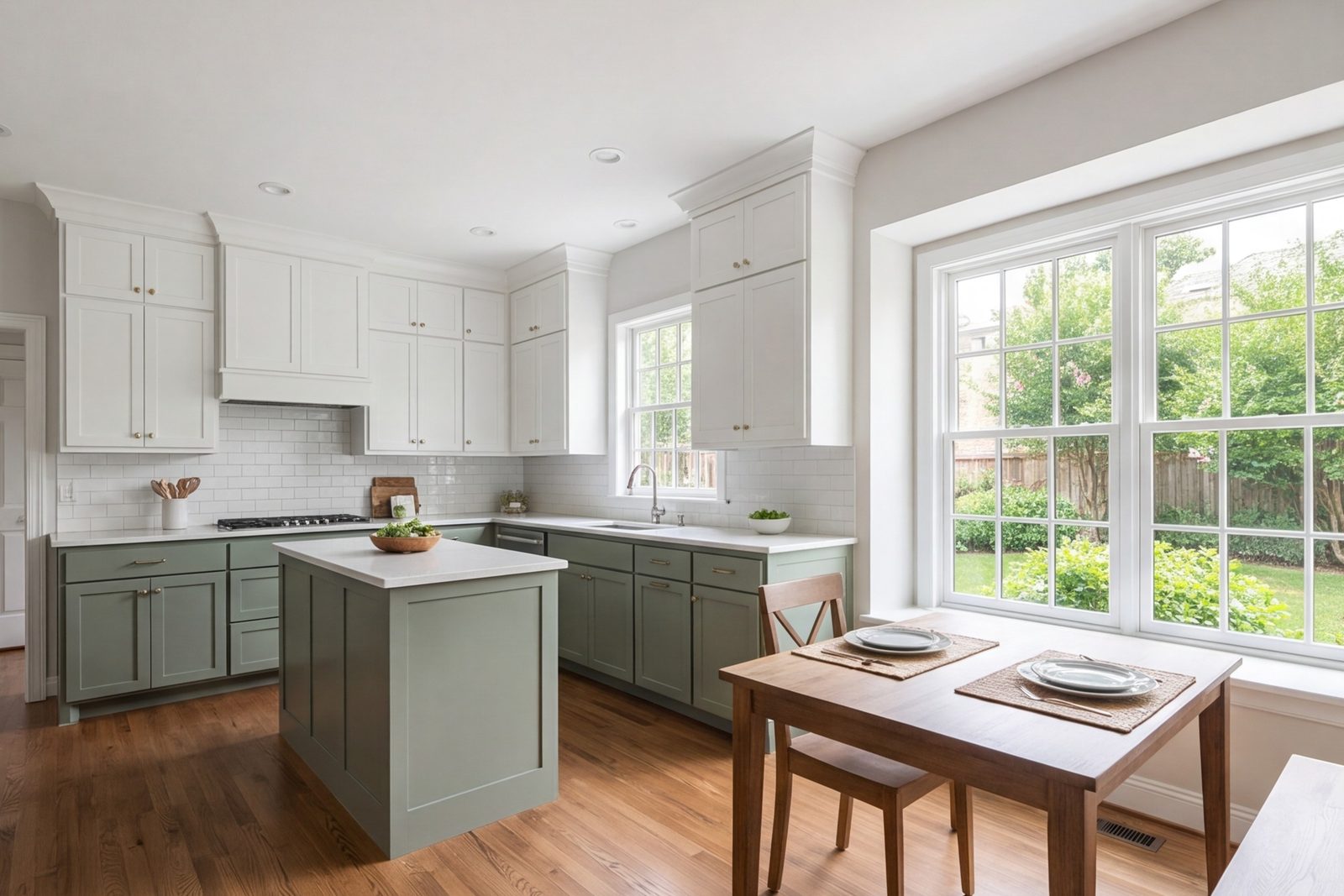 Kitchen with a table set by the window in calm daylight