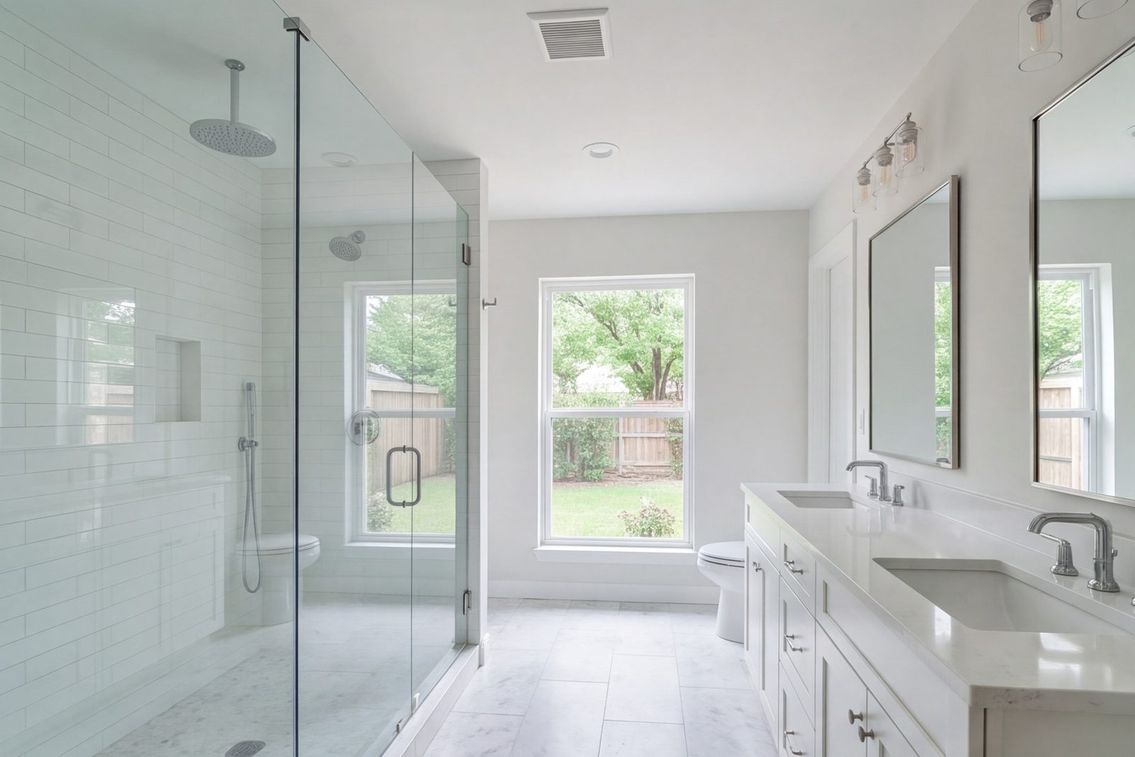 Keller primary bathroom with walk-in glass shower and double vanity