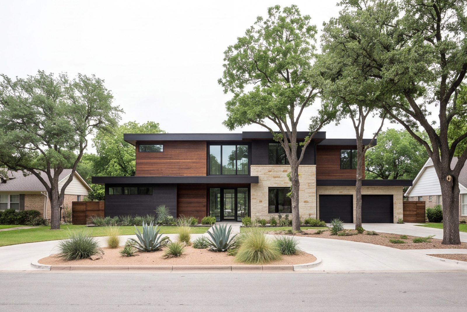 New modern custom home on its lot, street view