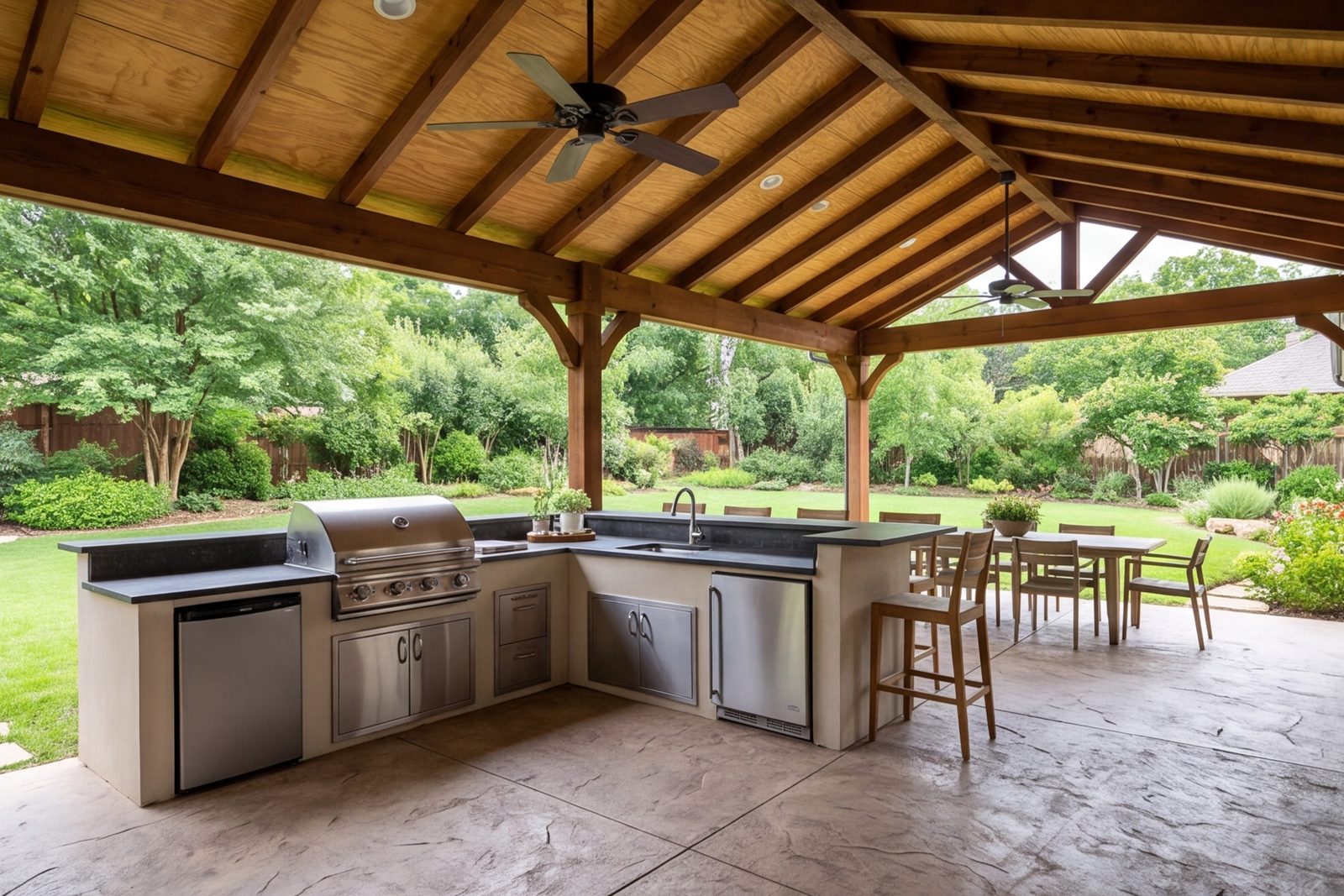 Covered patio with an outdoor kitchen, bar seating and ceiling fans