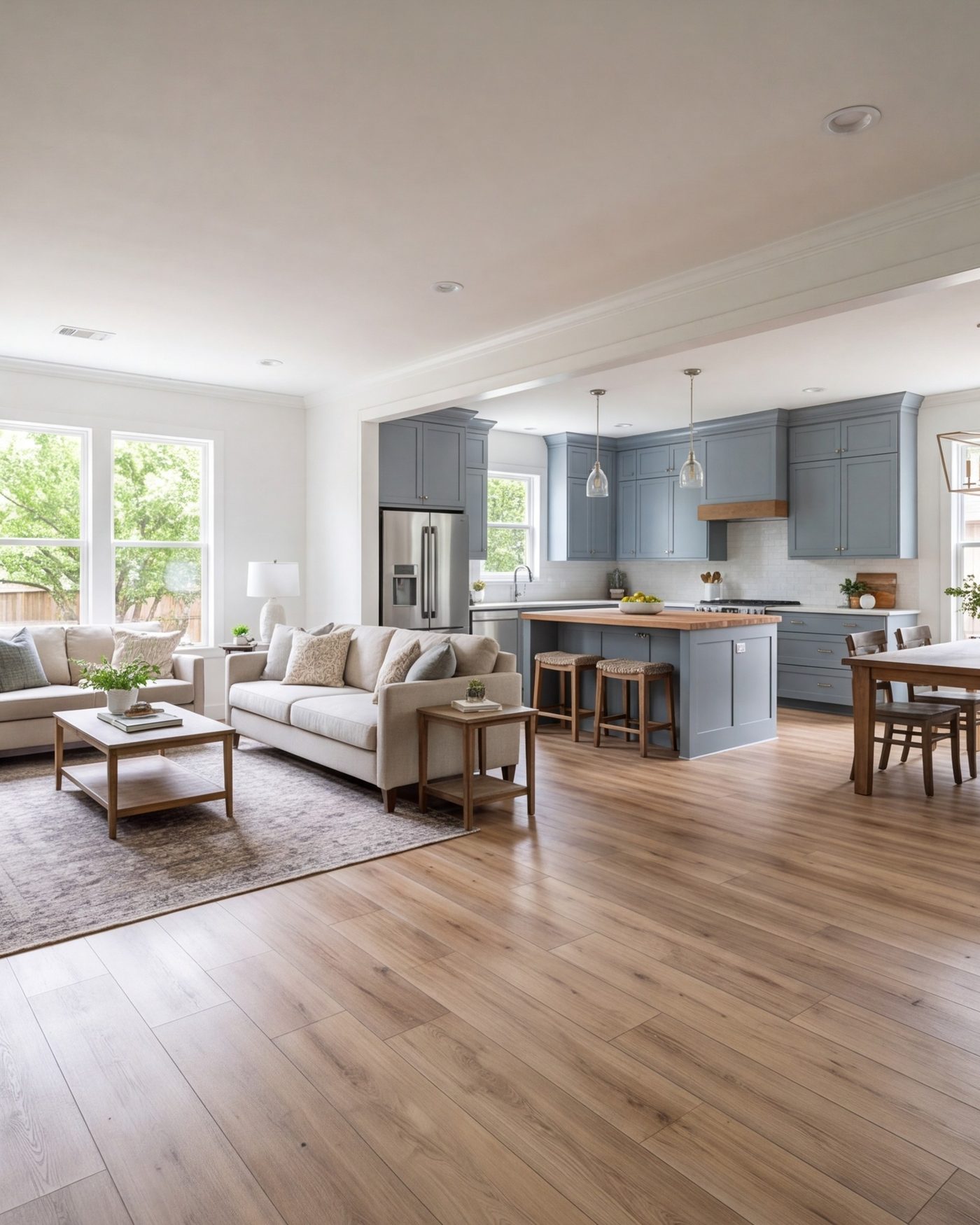 Open living room and kitchen in a remodeled Fort Worth home, wide view