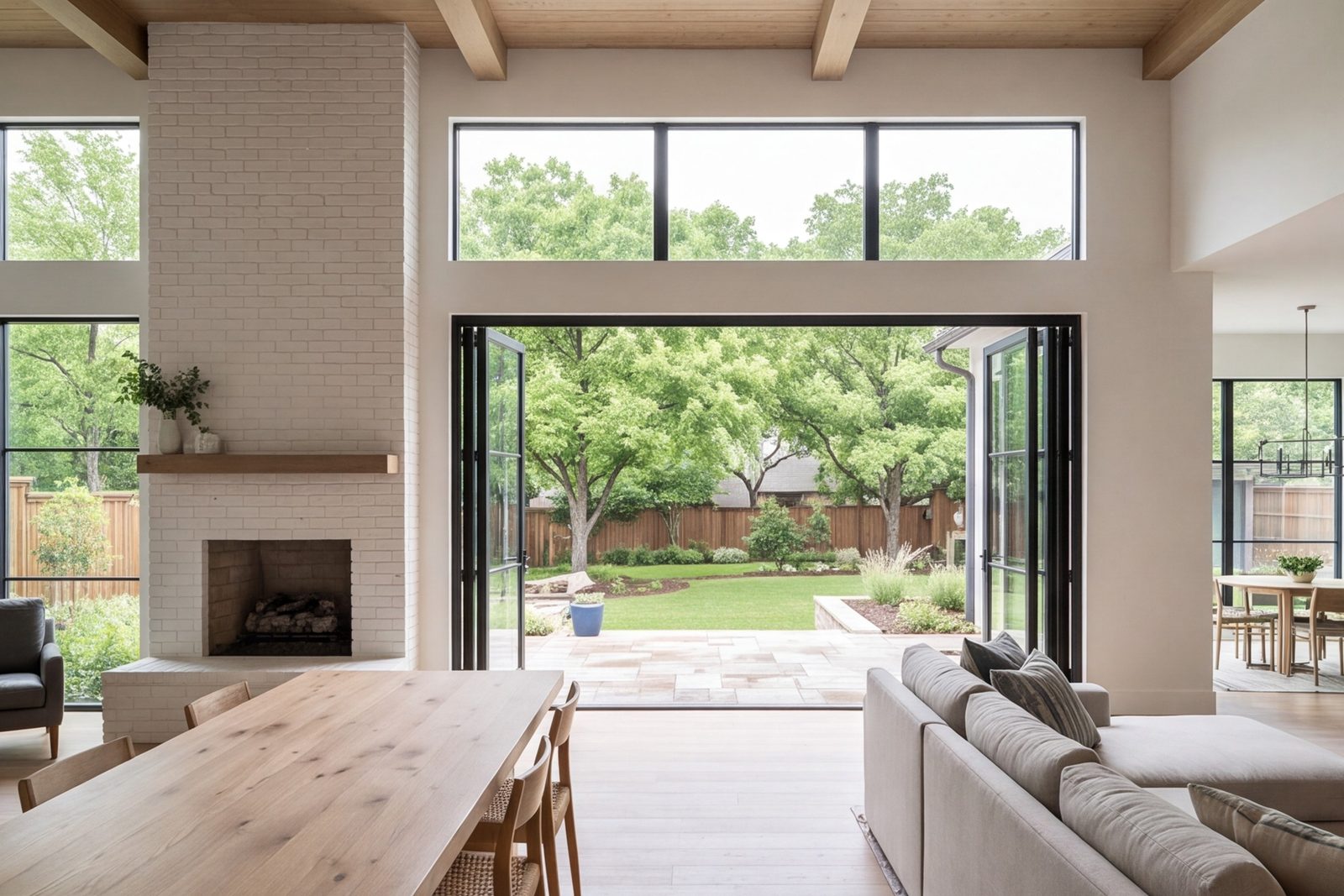 Living room with large folding glass doors open to the yard